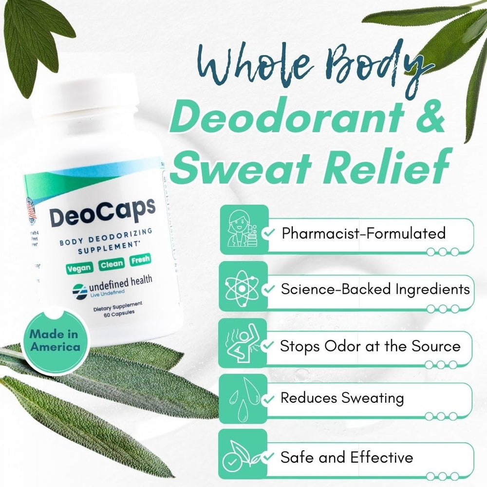 DeoCaps bottle-packaging highlights US-made, natural odor reduction aid.