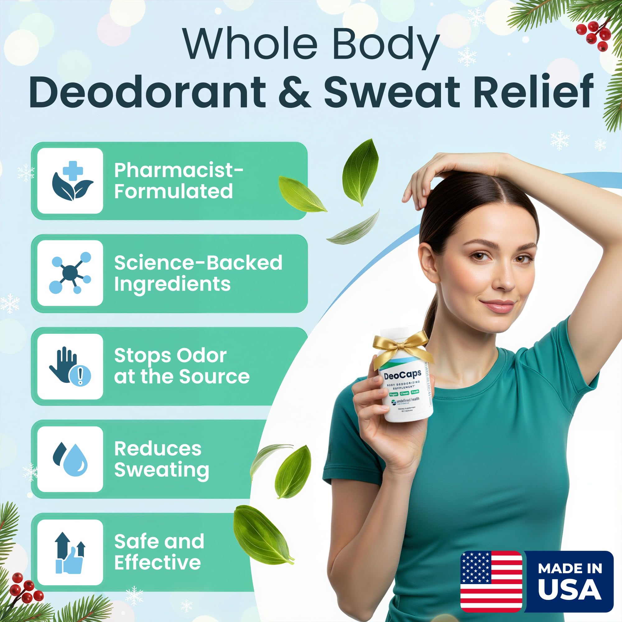 DeoCaps bottle-packaging highlights US-made, natural odor reduction aid.