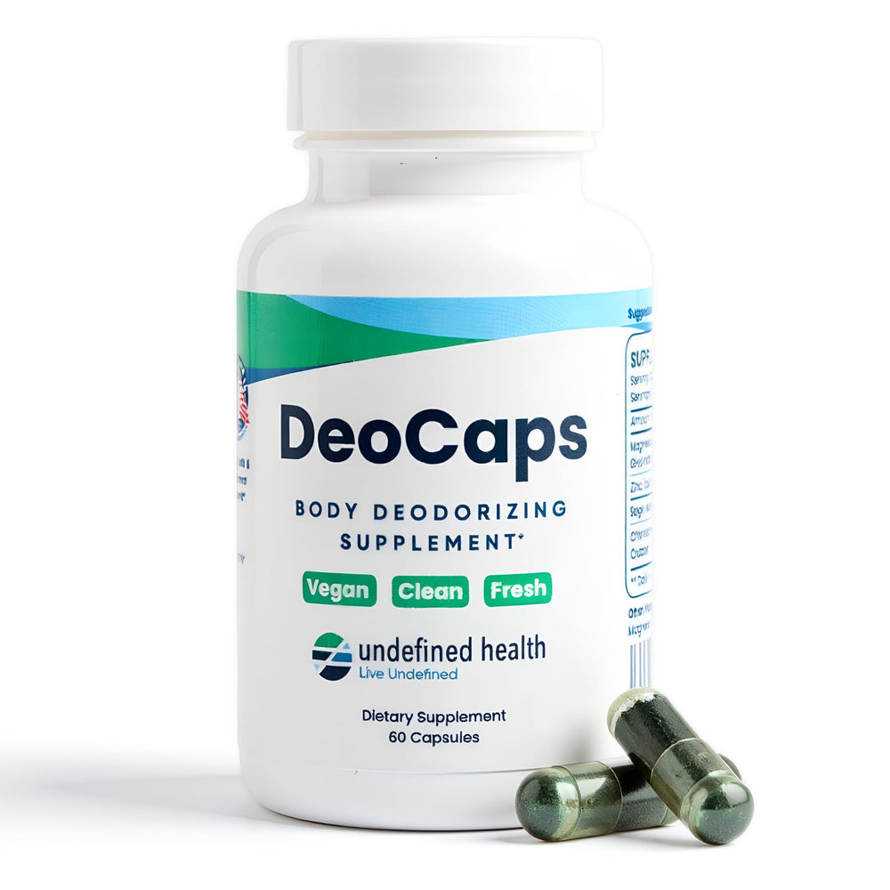 DeoCaps jar-front displays the whole body deodorizing supplement for daily odor control.