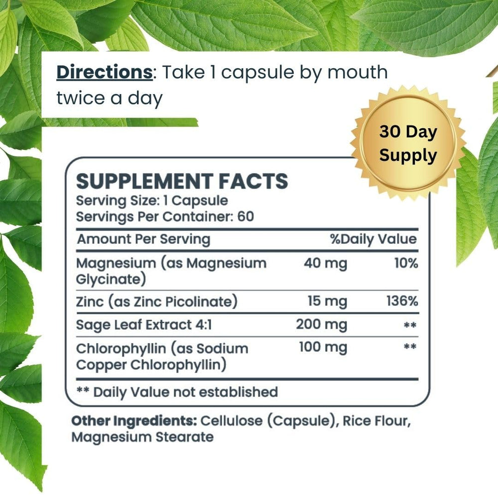 DeoCaps label-detail shows key ingredients like chlorophyllin and zinc picolinate for skin health.