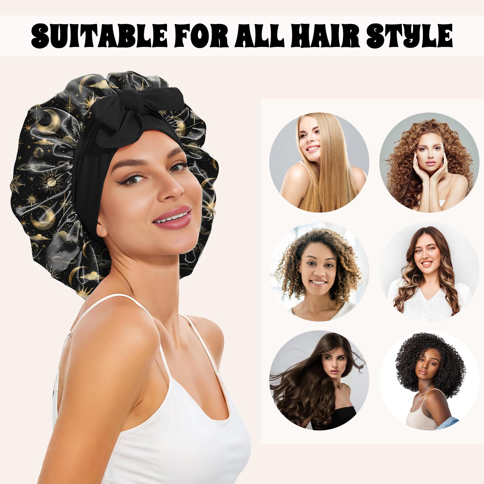 Deokke satin bonnet elastic strap extended view emphasizes secure, comfortable fit