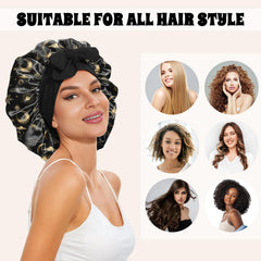 Deokke satin bonnet elastic strap extended view emphasizes secure, comfortable fit