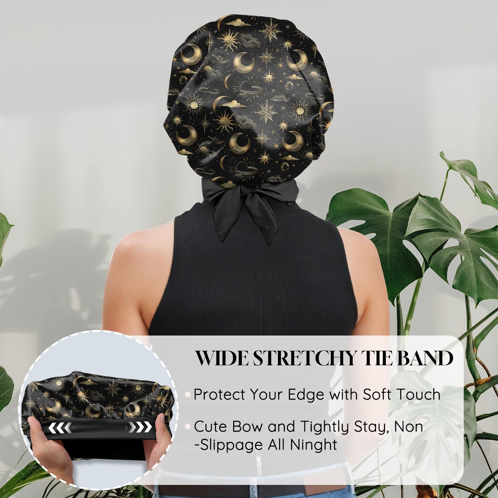 Deokke satin bonnet worn on head demonstrates all-night comfort during sleep
