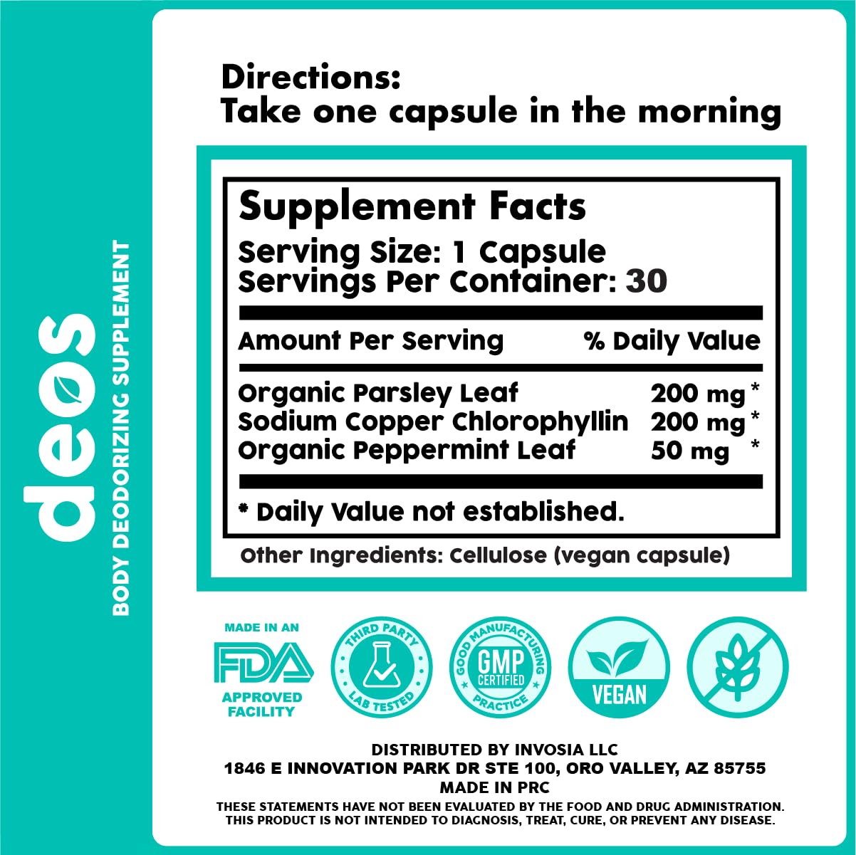 DEOS chlorophyllin ingredients panel emphasizes natural odor-control from within