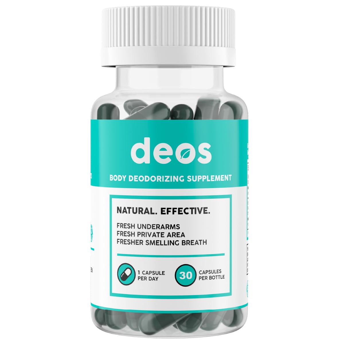 DEOS Internal Deodorant bottle close-up highlights full-body freshness