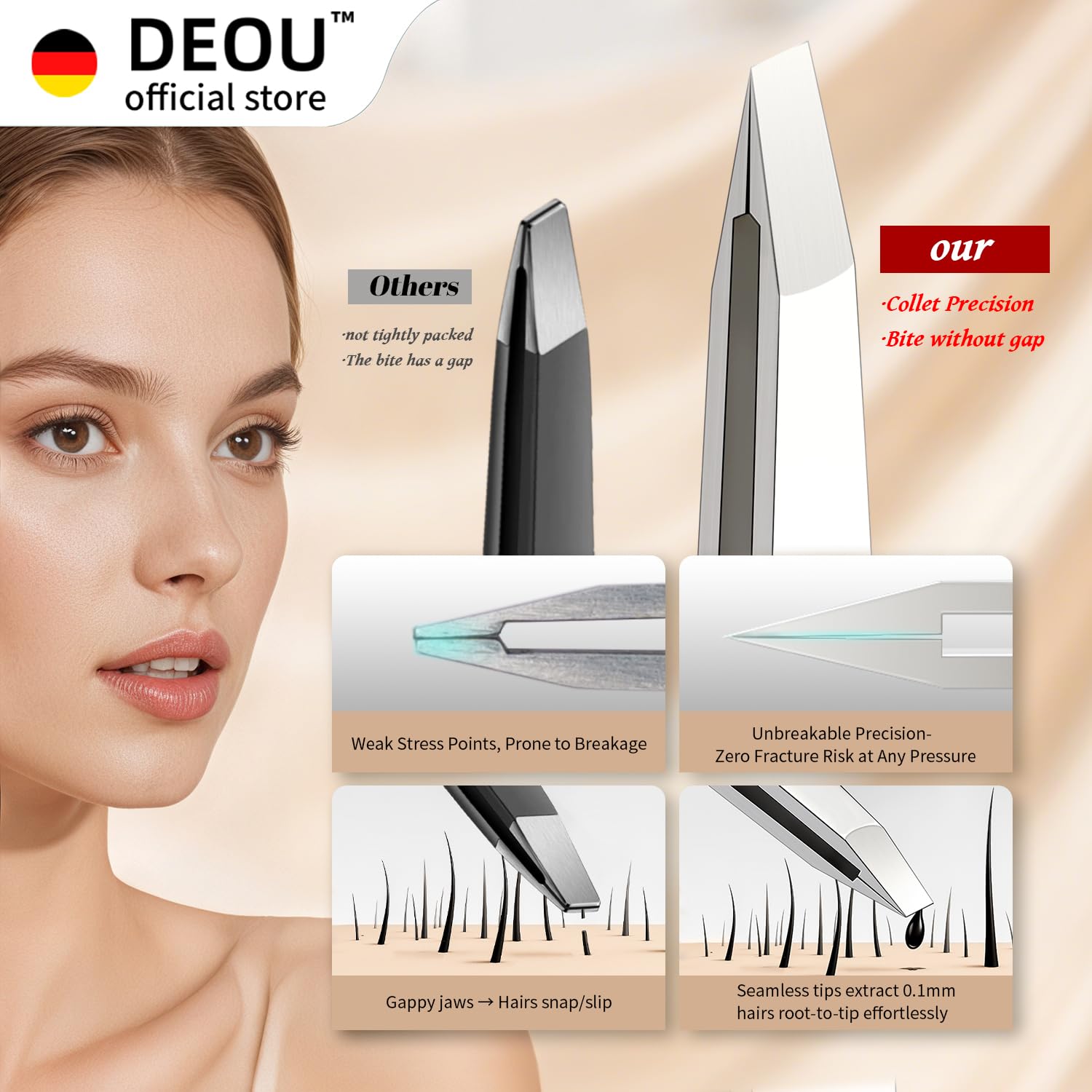 DEOU eyebrow tweezers nine-hole design provides stylish control for precise grooming.