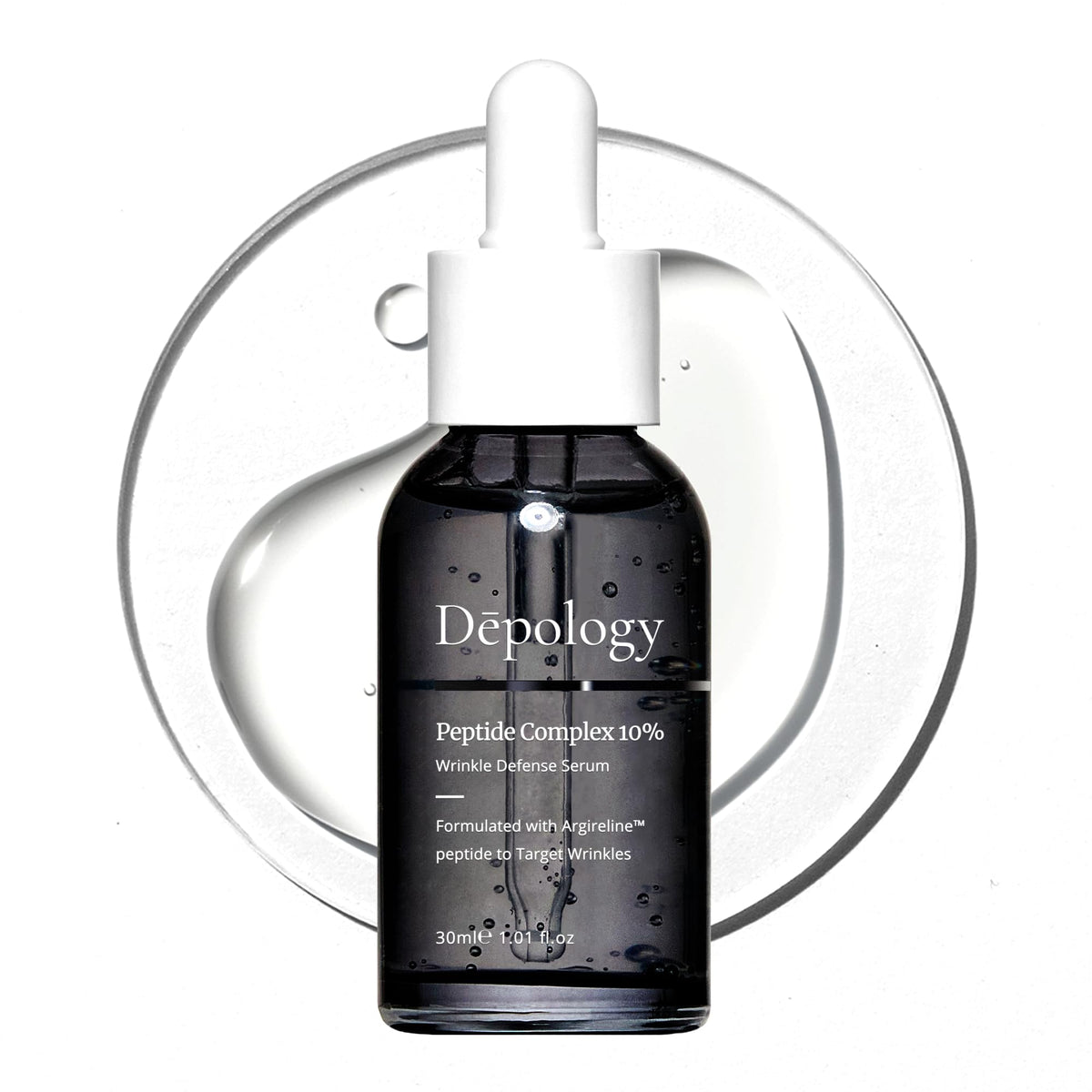 Depology Peptide Complex bottle highlights wrinkle-defense serum for hydration.