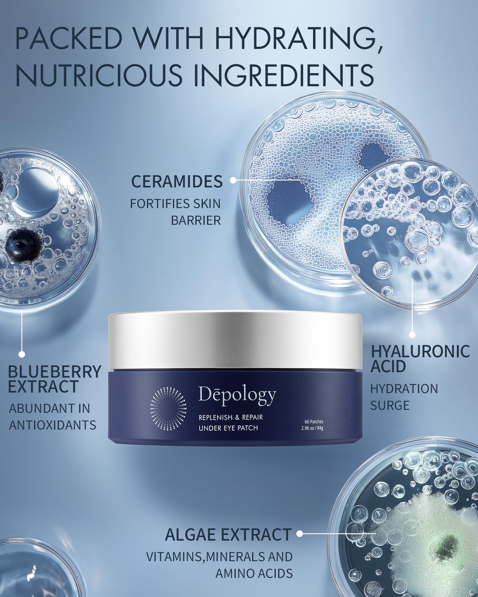 Depology ceramides and hyaluronic acid nourish and support skin resilience.