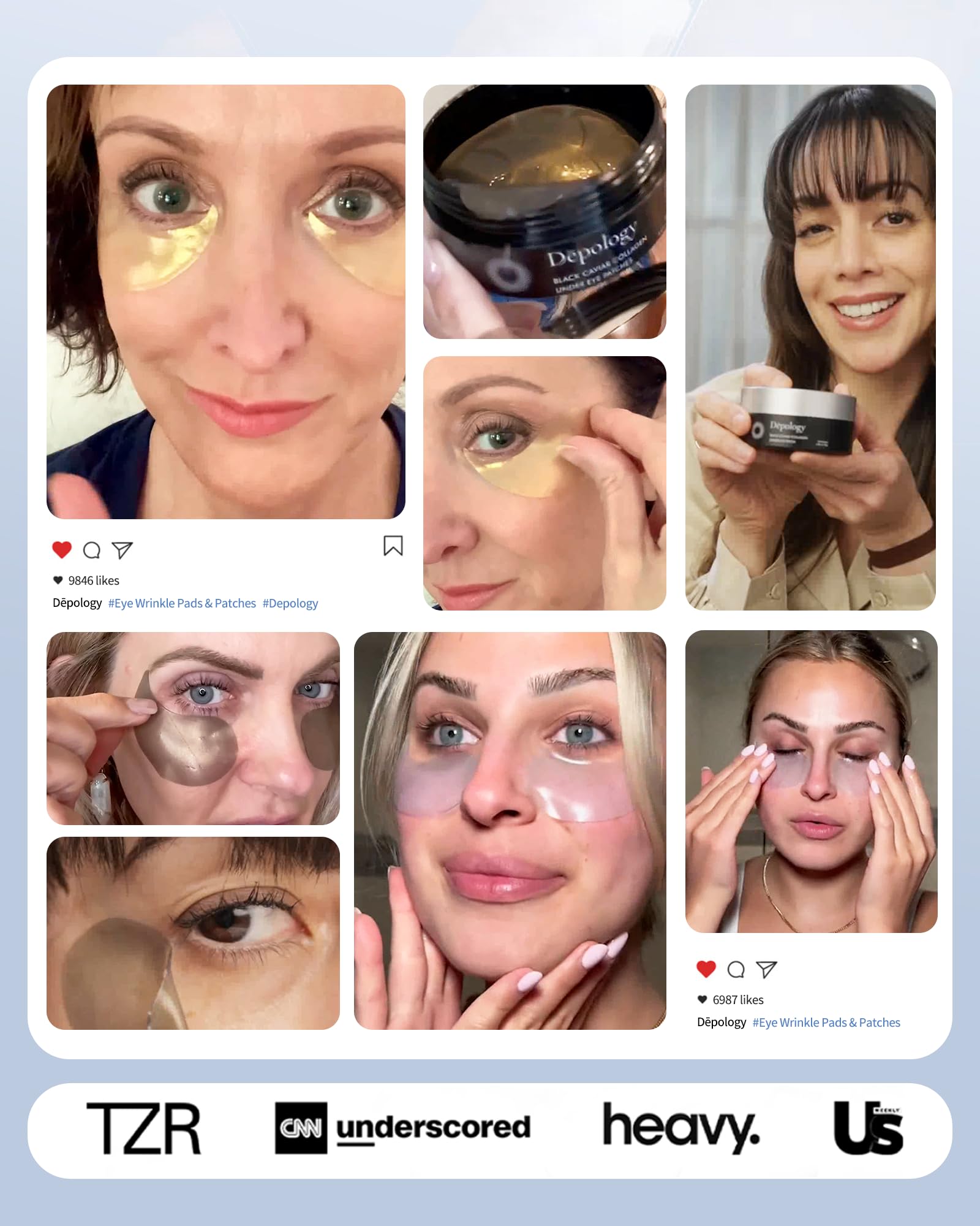 Depology hydrogel patch adheres gently around eyes for comfortable wear.