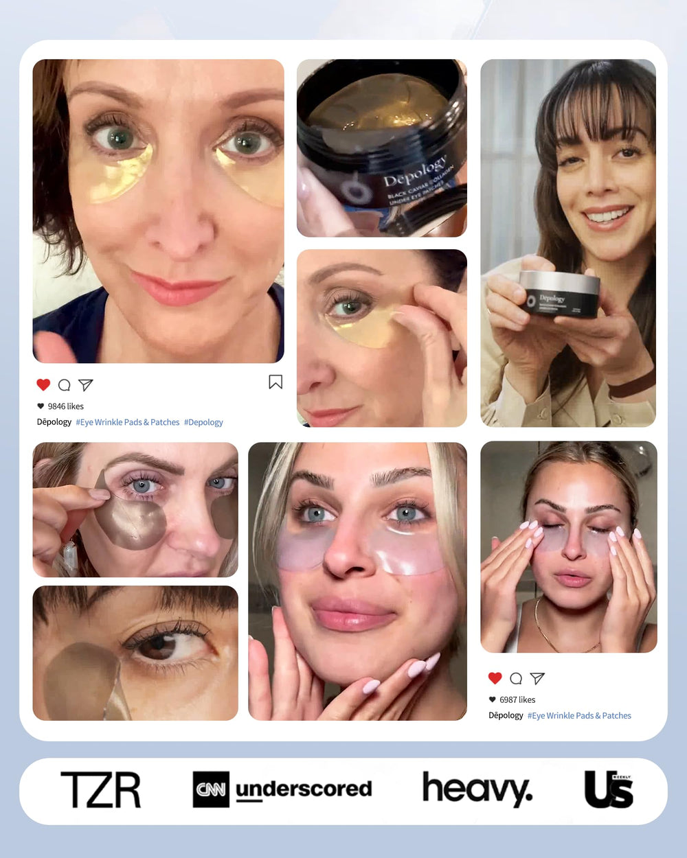 Depology hydrogel patch adheres gently around eyes for comfortable wear.