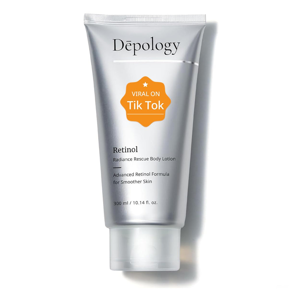 depology Ultra-Size Firming Retinol Body Lotion bottle close-up highlighting hydrating formula for smoother skin.