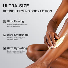 depology Ultra-Size Firming Retinol Body Lotion pump in action delivering nourishing hydration for crepey skin.