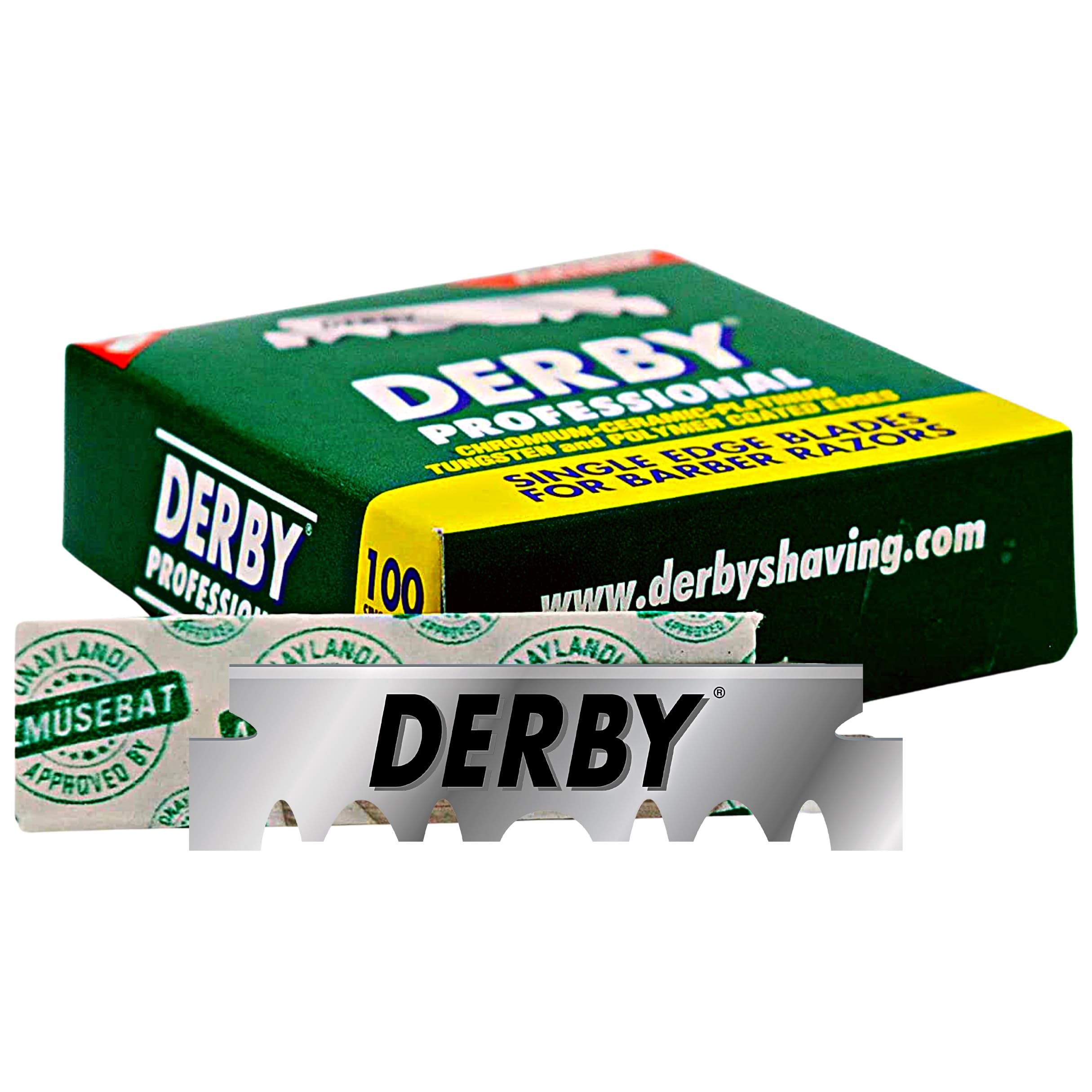 Derby professional single-edge blade close-up showing sharp edge.