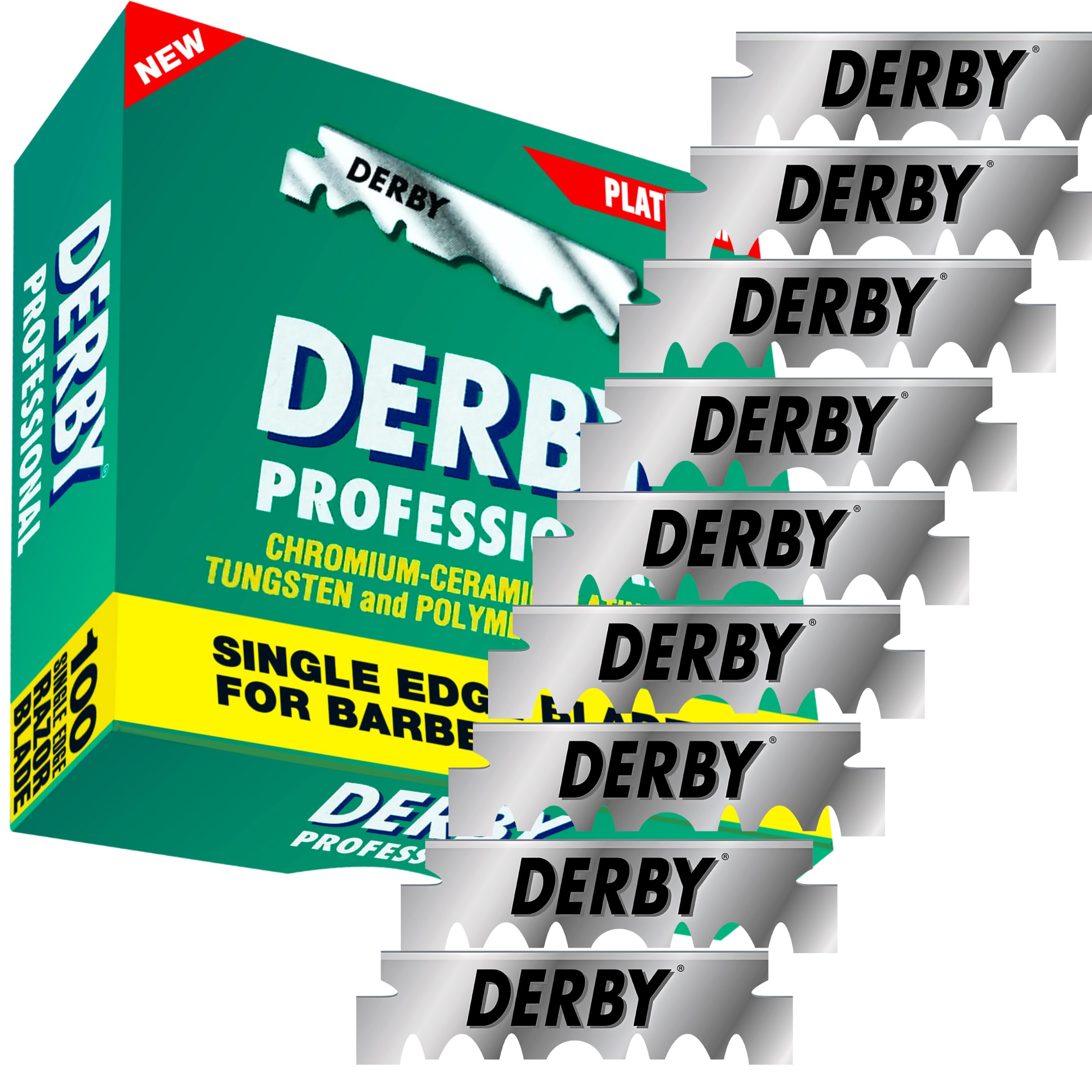 Derby blades inside pack highlighting bulk value for salons.