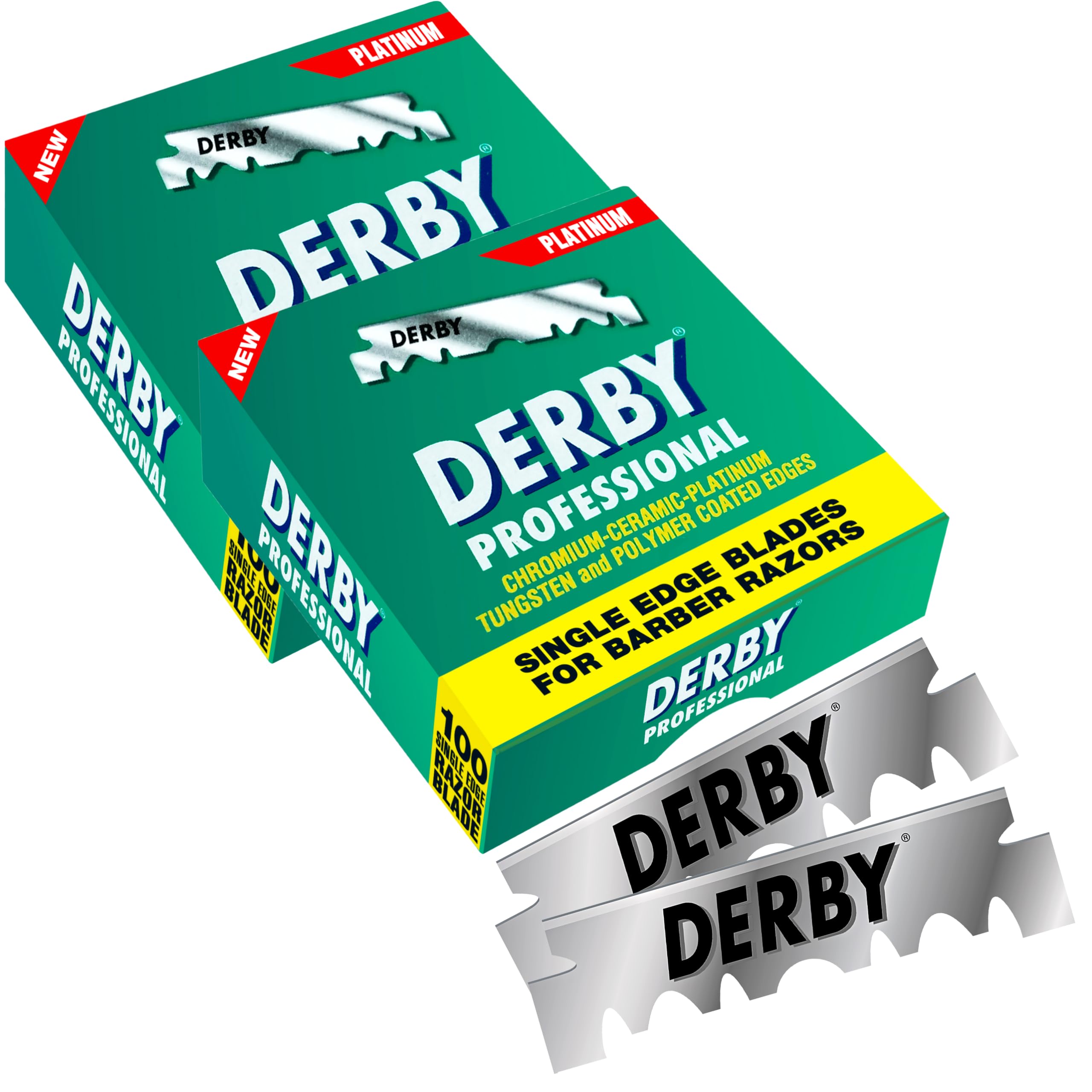 Derby single-edge blades with protective wrapper for hygiene.