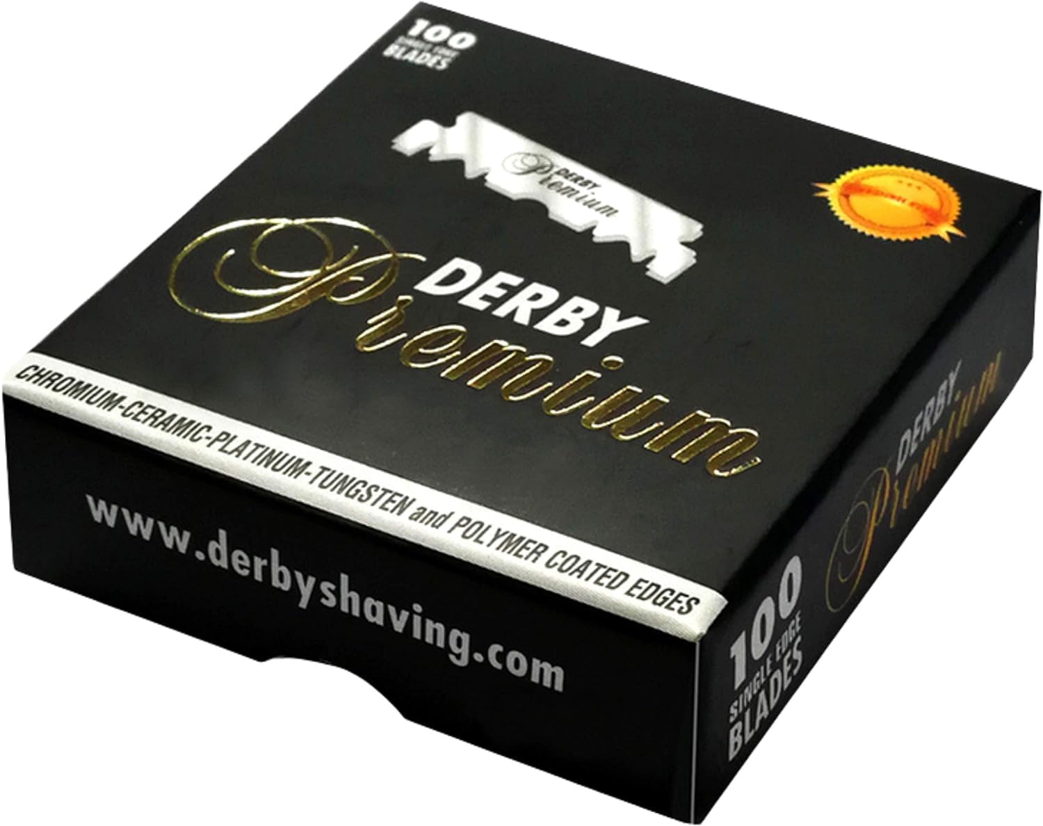 Derby Premium blade edge detail highlights polymer coating for smooth shaves.
