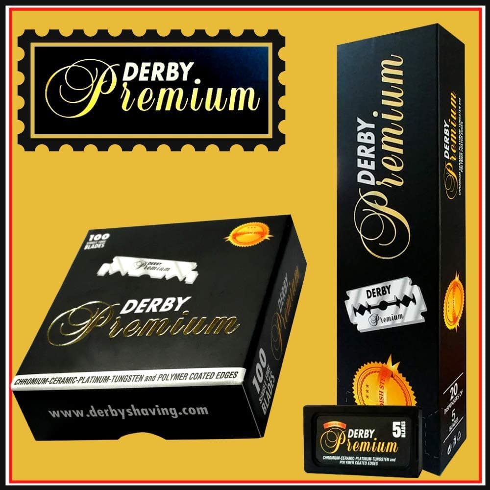 Derby Premium single edge blades shown for straight razor compatibility and clean strokes.