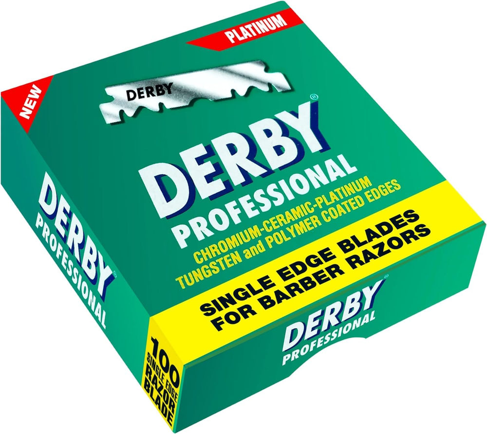 Derby Professional straight razor use in a grooming setup.