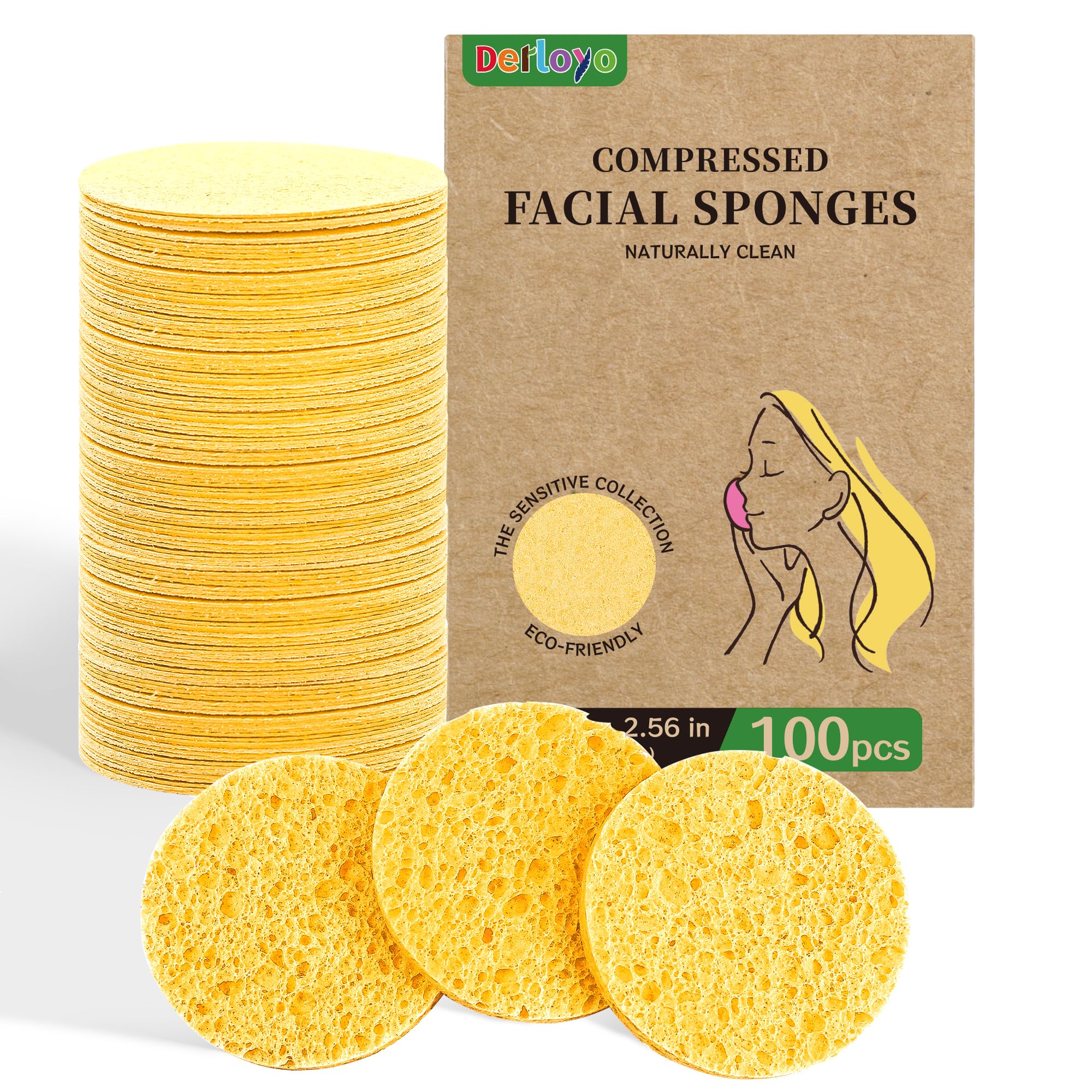 Derloyo compressed facial sponges in yellow packaging, ready for eco-friendly daily cleansing.