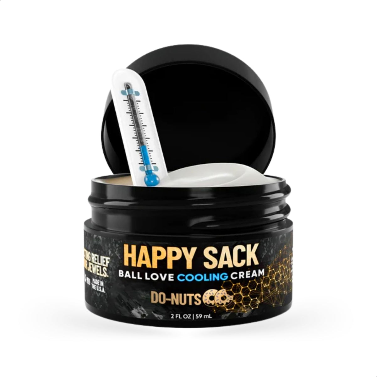 Derm Dude Happy Sack bottle closeup showing cooling formula for fresh confidence all day