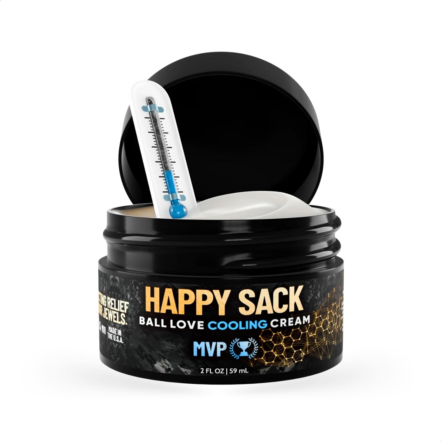 Derm Dude Happy Sack bottle front shows compact 2oz size for on-the-go freshness.