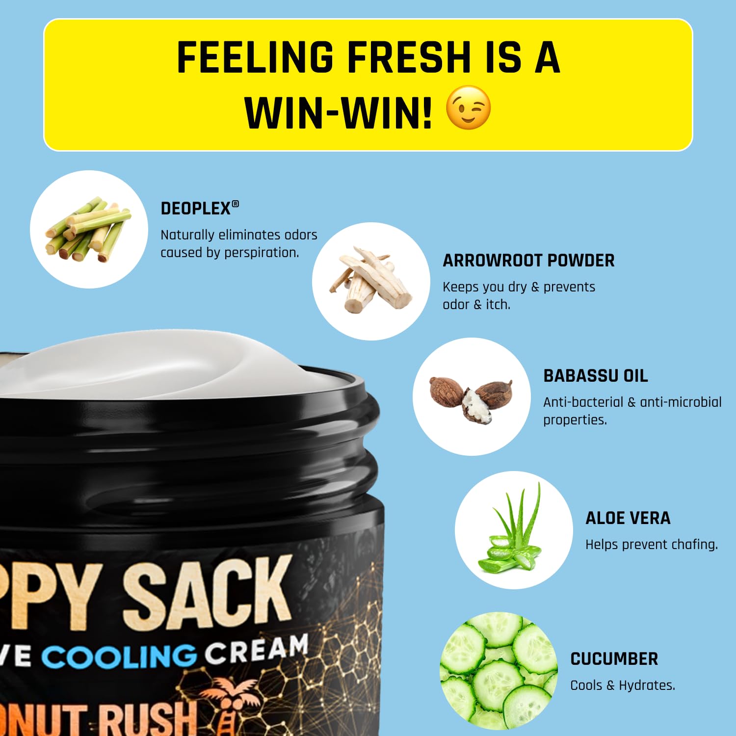 Derm Dude Happy Sack cream texture close-up emphasizes cooling comfort