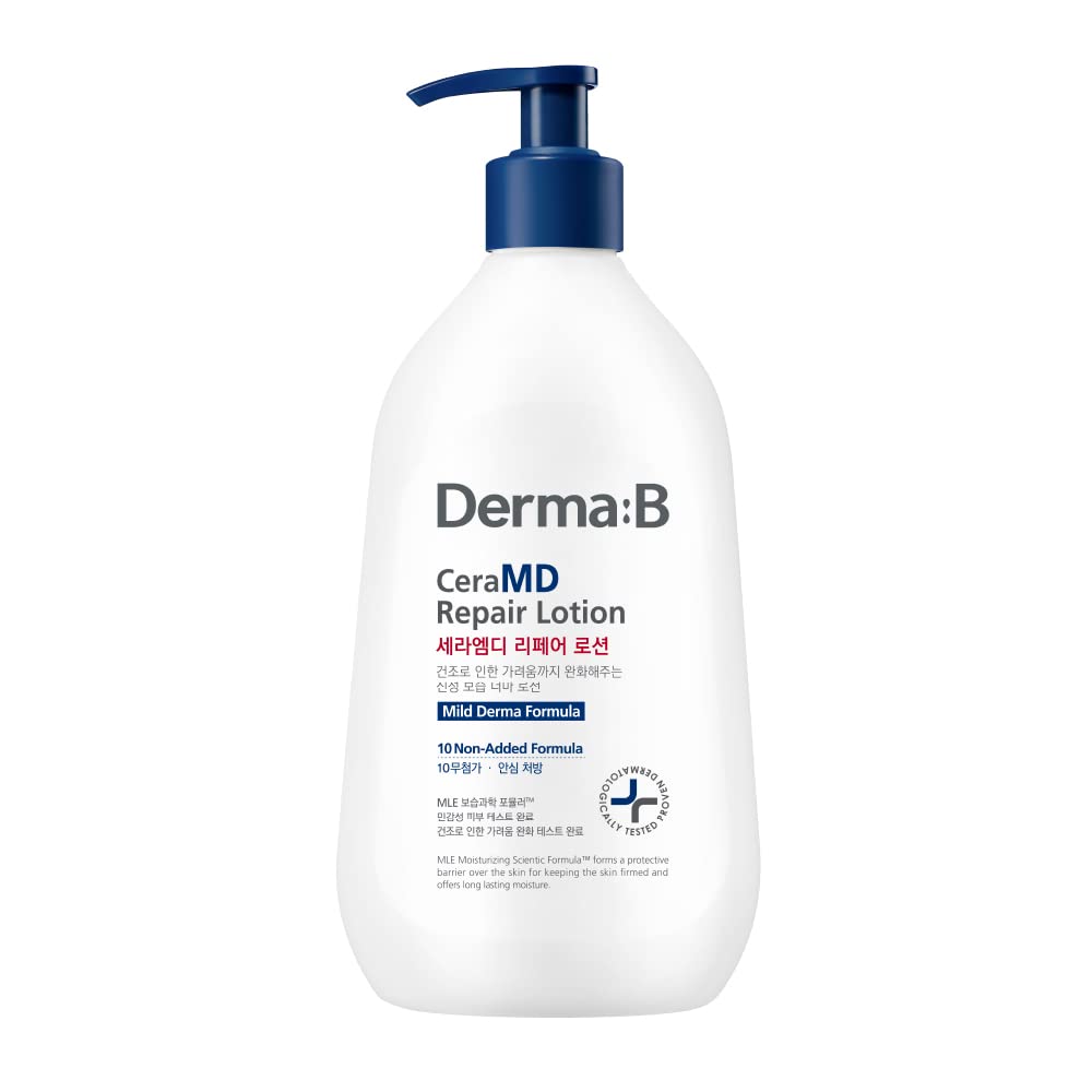 Derma B CeraMD Repair Lotion bottle shows fragrance-free daily moisture for sensitive skin