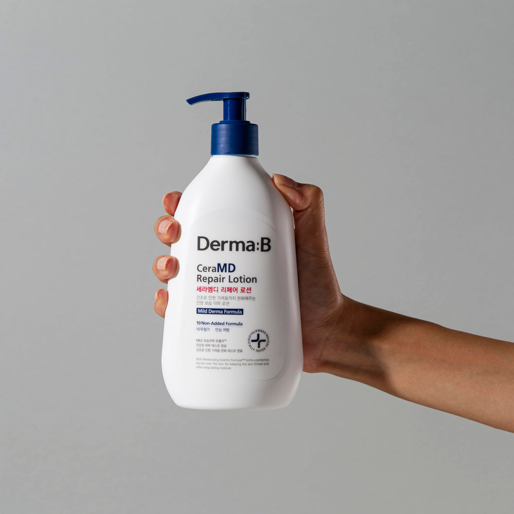 Derma B CeraMD Repair Lotion close-up used on rough skin for improved texture