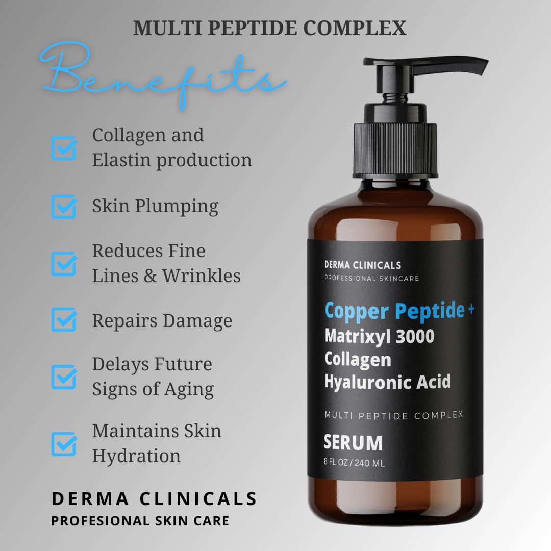 DERMA CLINICALS copper peptide matrixyl-3000 label close-up hints at premium anti-aging care.