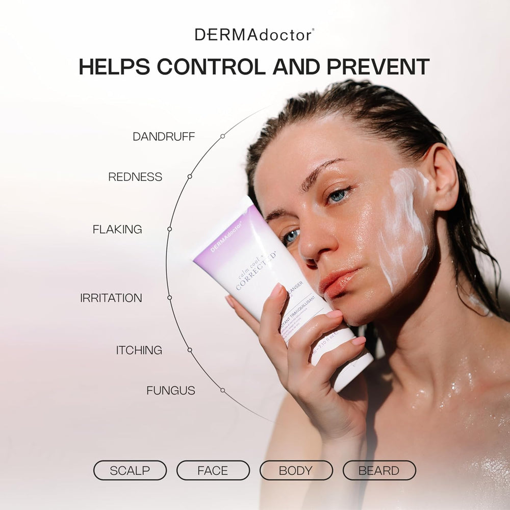 DERMAdoctor Seborrheic Dermatitis Face Wash foam on hand illustrates a refreshing daily cleanse.