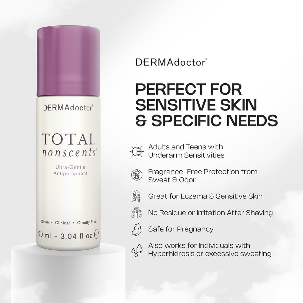 DERMAdoctor Total NonScents roll-on application highlights fragrance-free, gentle protection against odor and wetness.