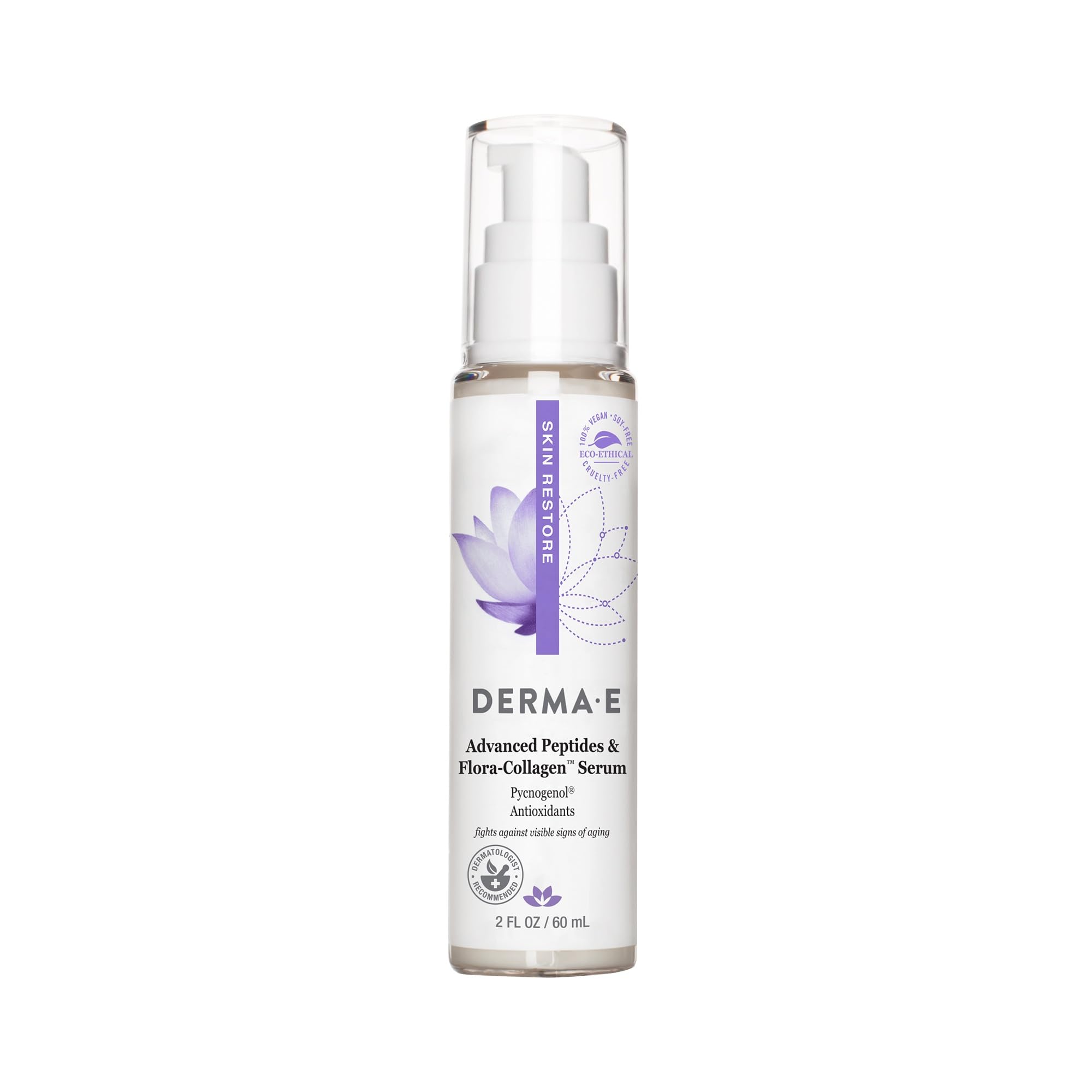 DERMA E Advanced Peptides Flora-Collagen Serum bottle highlighting hydration and peptide support for smooth skin