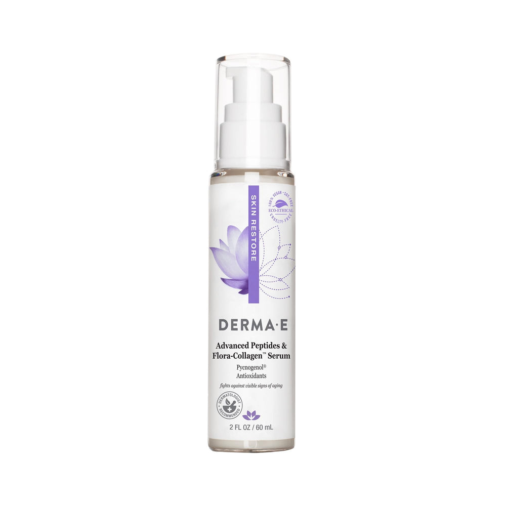 DERMA E Advanced Peptides Flora-Collagen Serum bottle highlighting hydration and peptide support for smooth skin