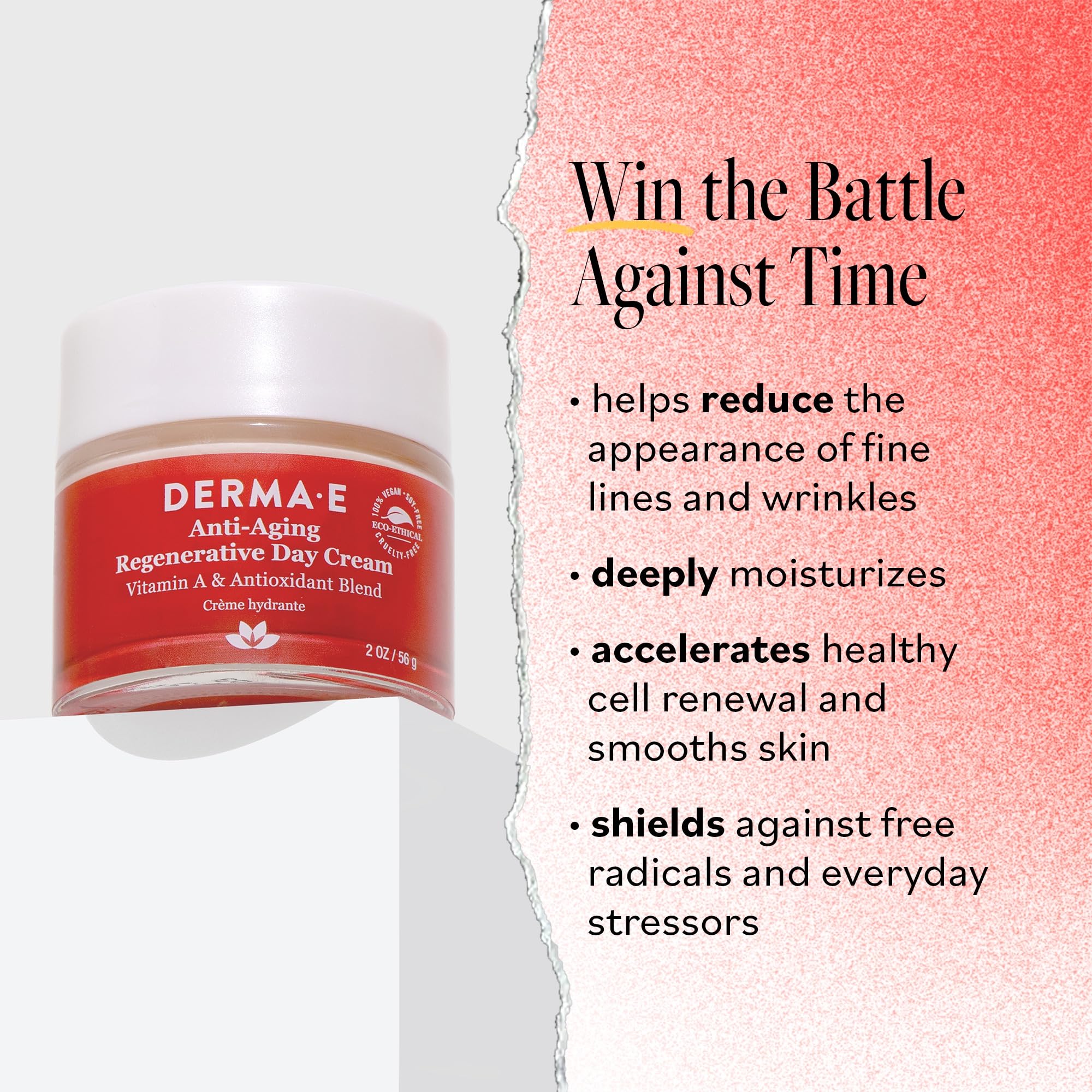 Derma E anti-aging day cream packaging closeup highlighting vegan cruelty-free formula