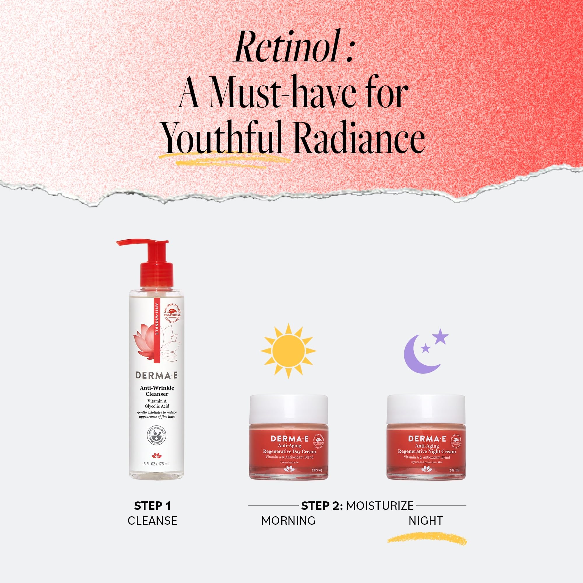Derma E jar on bathroom shelf suggesting simple nightly routine.