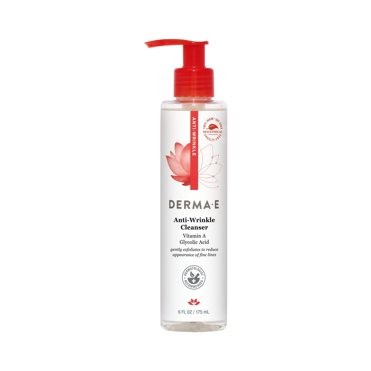 Derma E Anti-Wrinkle Cleanser bottle highlights gentle exfoliation for a smoother complexion.