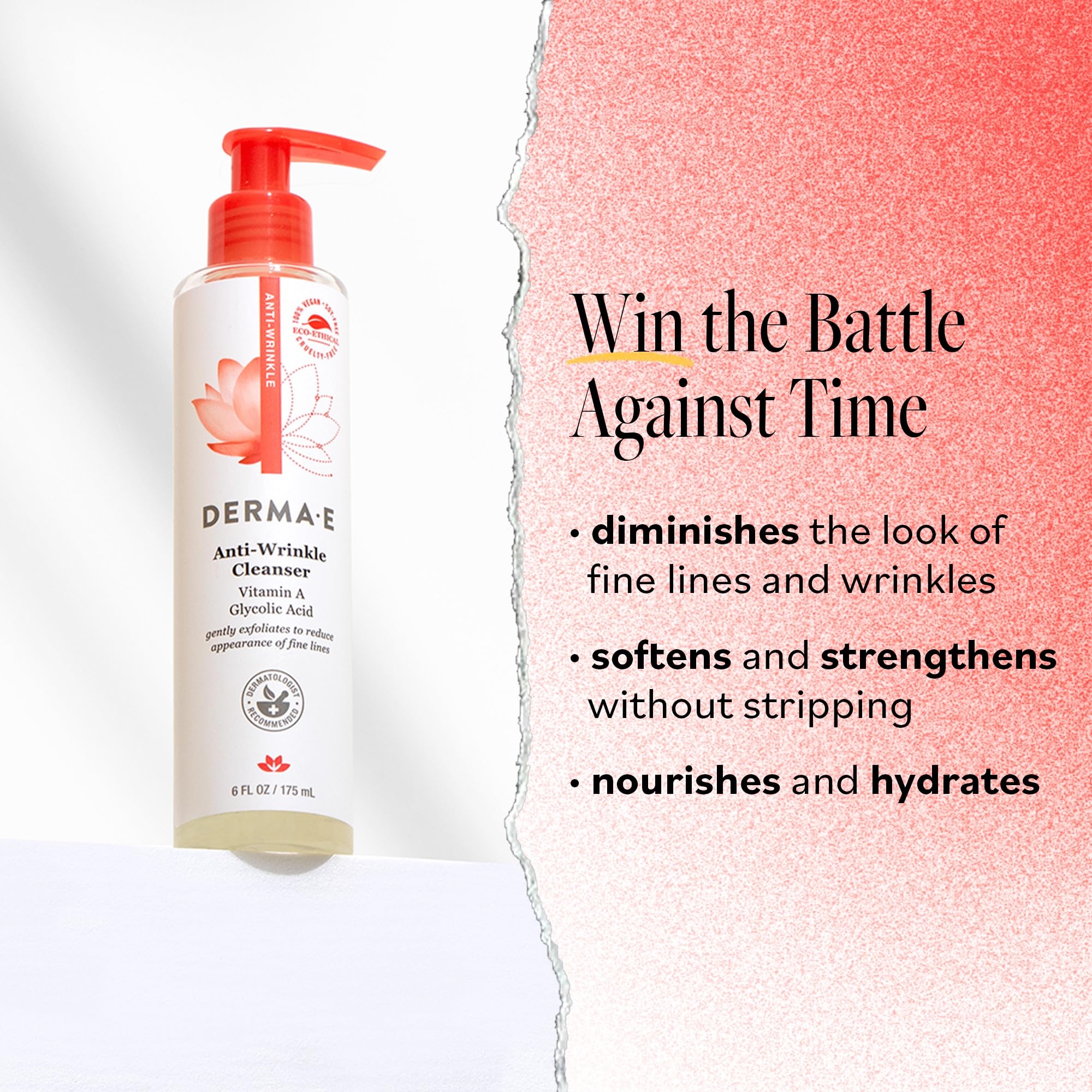 Derma E foamy lather image indicates gentle cleansing suitable for sensitive skin.