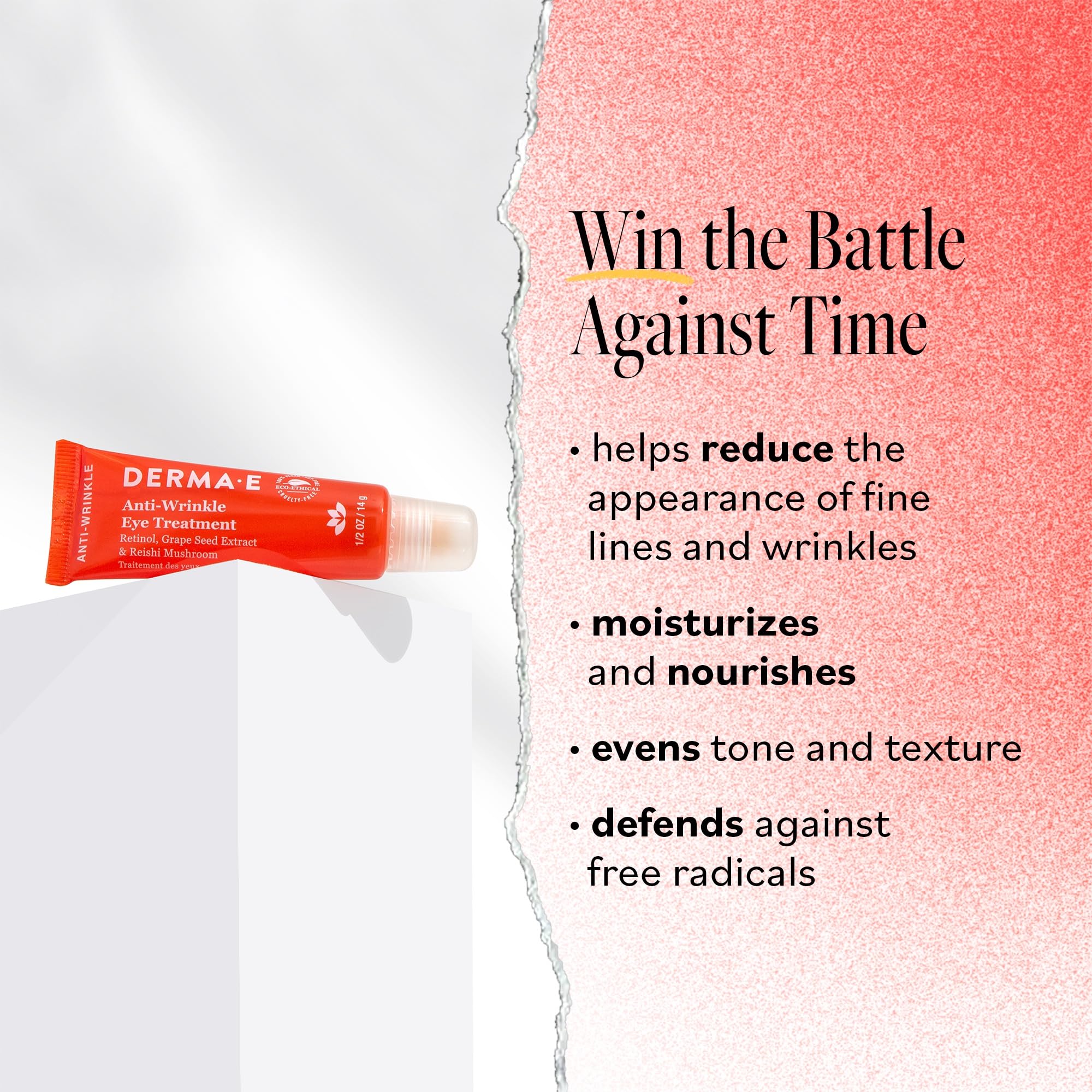 Derma E Anti-Wrinkle Eye Treatment close-up glide shows fast-absorbing formula.