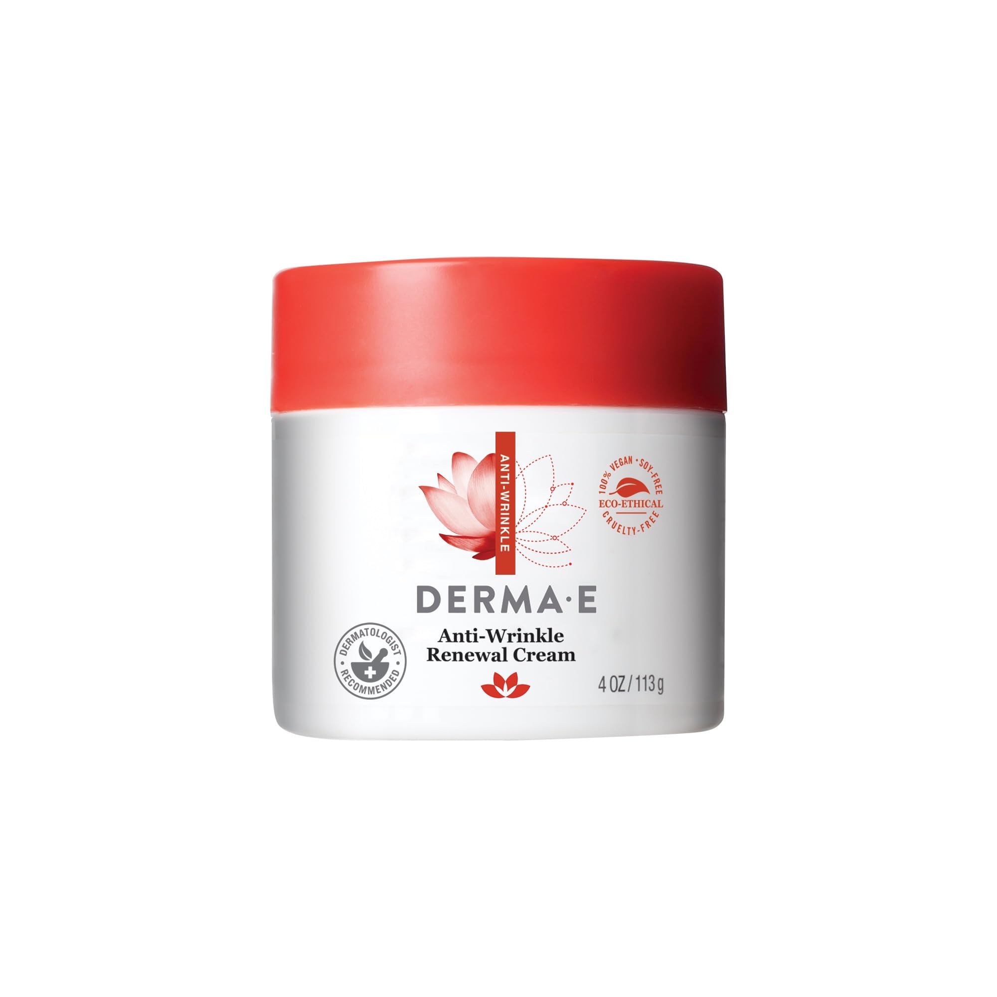 Derma E anti-wrinkle renewal cream jar closeup showing rich, hydrating texture for aging skin.