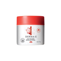 Derma E anti-wrinkle renewal cream jar closeup showing rich, hydrating texture for aging skin.