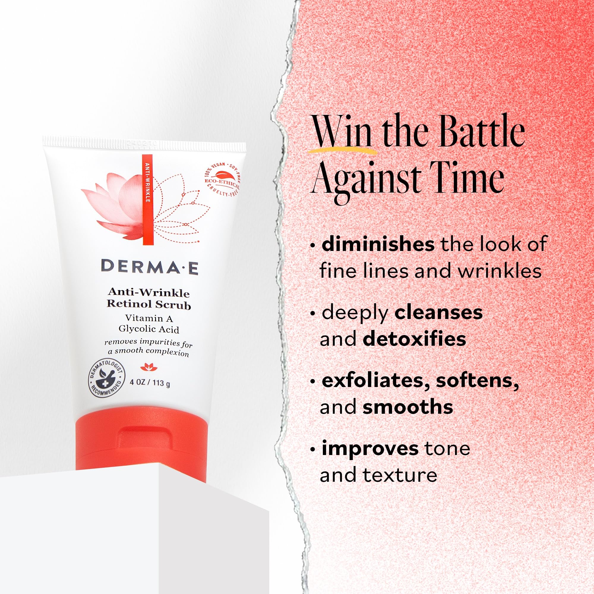 Derma E anti-wrinkle scrub apricot seed powder ingredient showcased for gentle cleansing.
