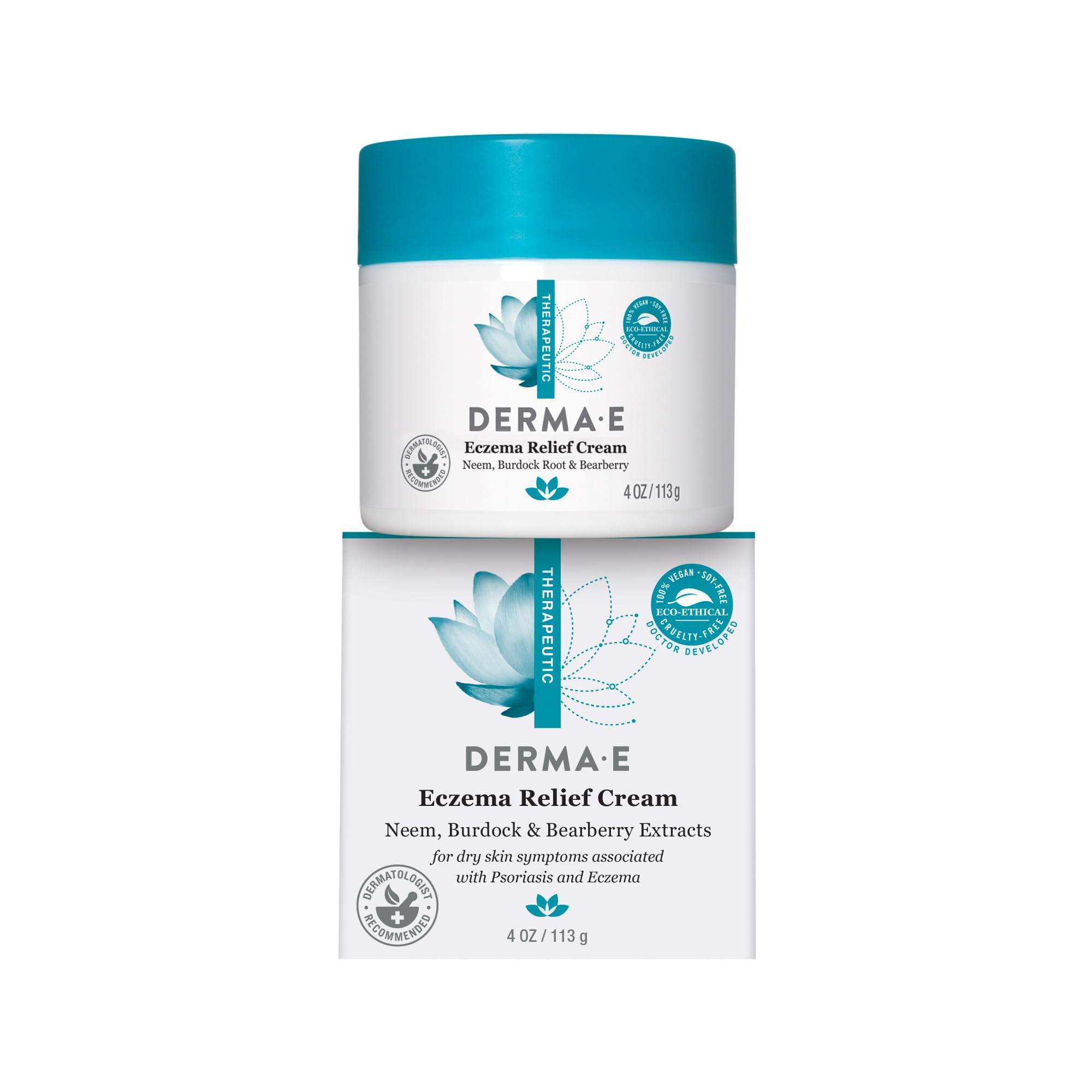 Derma E Eczema Relief Cream jar shows creamy texture for soothing daily hydration.