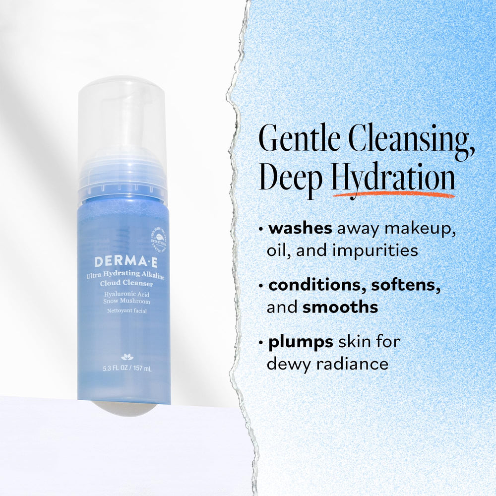 Derma E Cloud Cleanser with Hyaluronic Acid highlights moisture-boosting action.