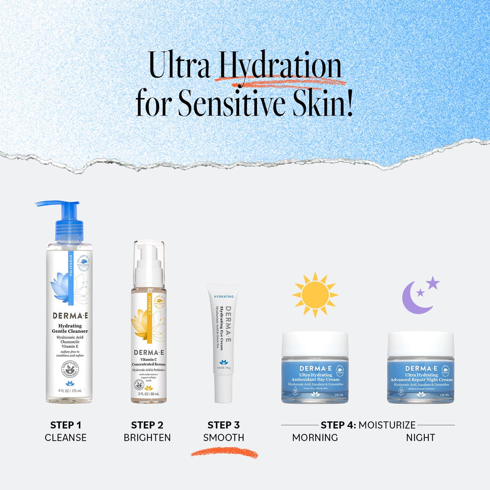 Derma E Hydrating Eye Cream packaging and creamy texture on a vanity.
