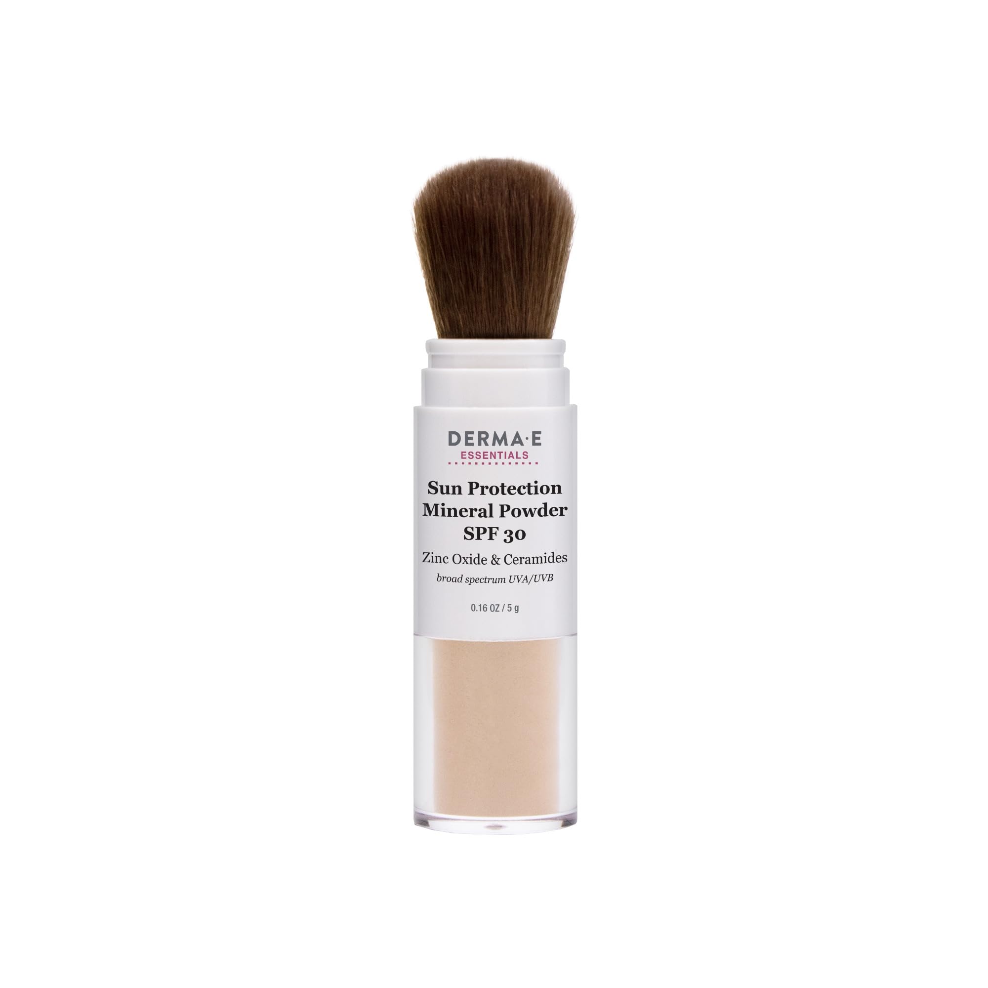 Derma E mineral sunscreen face brush-on applicator close-up showing matte finish and oil control.