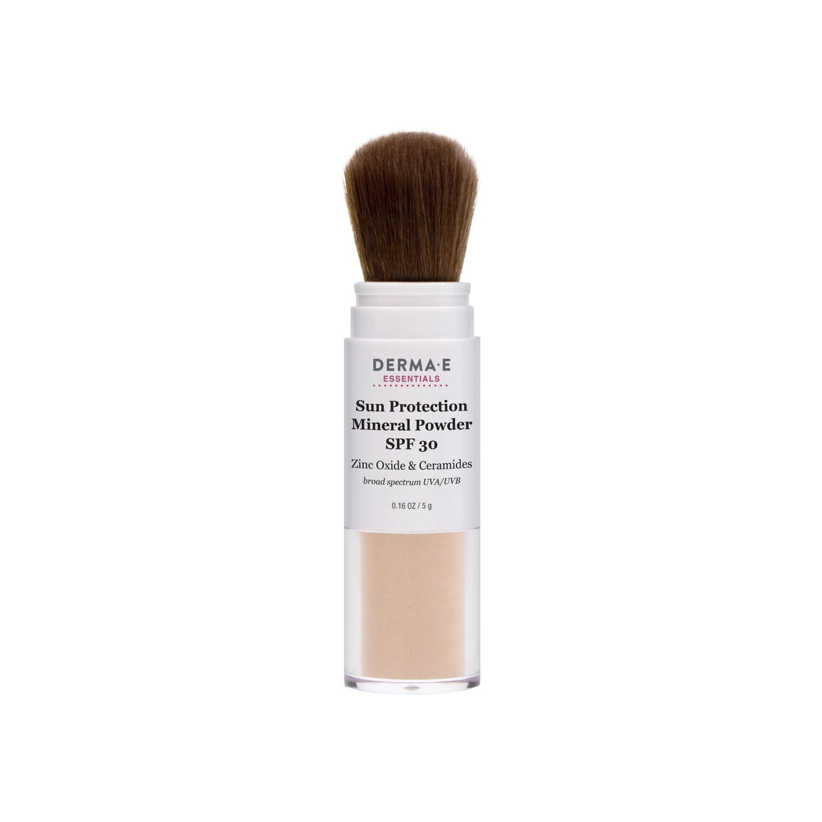 Derma E mineral sunscreen face brush-on applicator close-up showing matte finish and oil control.