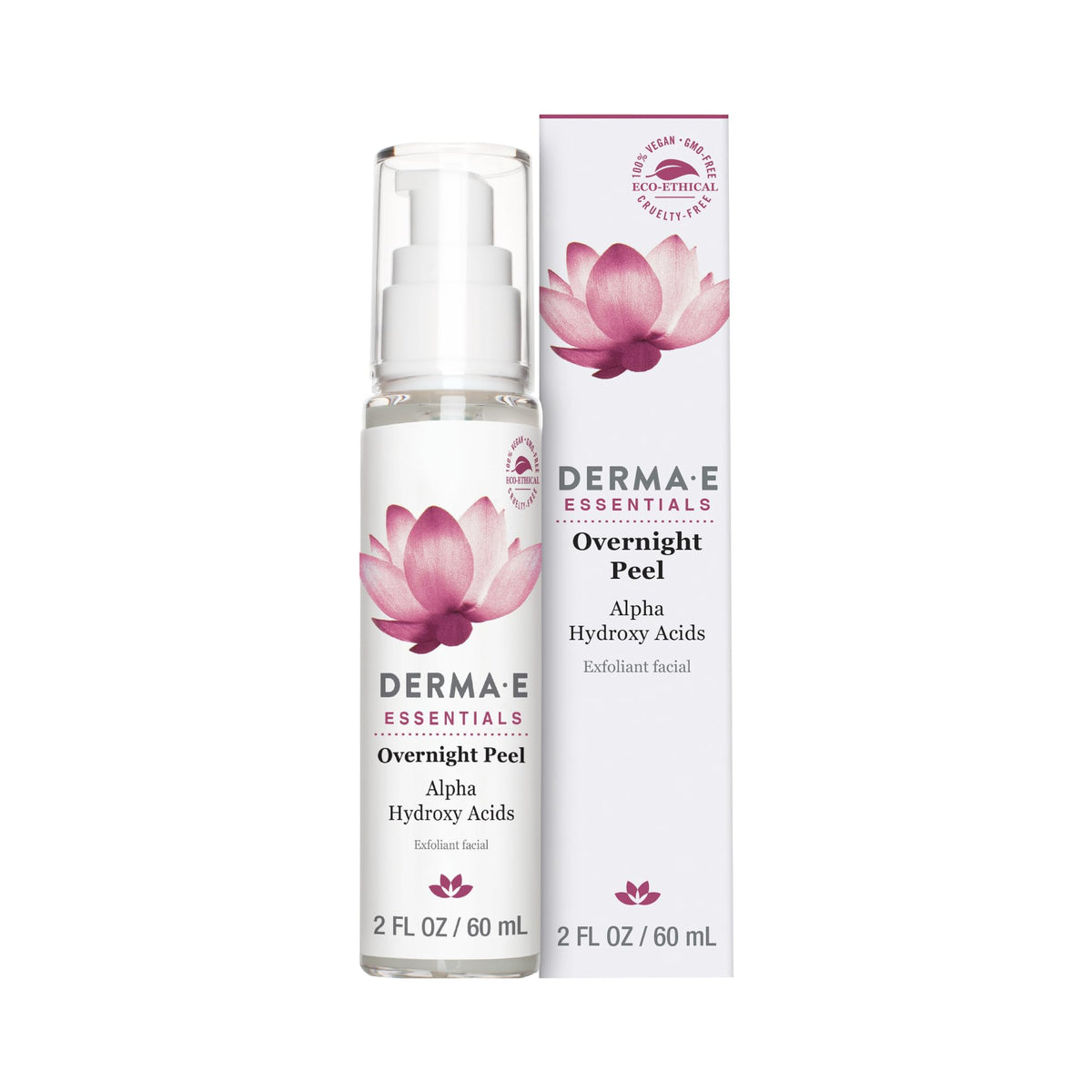 Derma E Overnight Peel bottle highlighting a gentle nightly exfoliant for radiant skin.