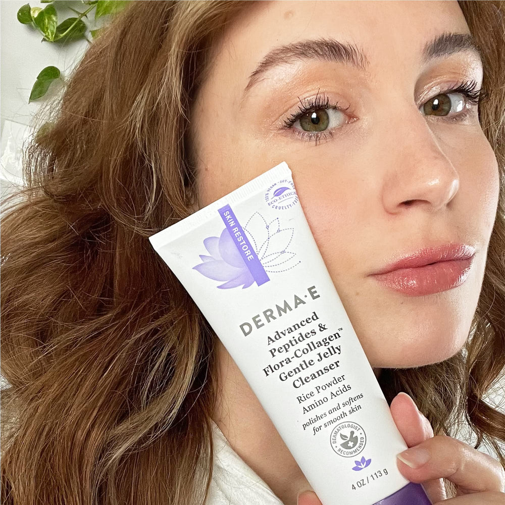 Derma E post-cleanse glow close-up shows refreshed, smooth skin.