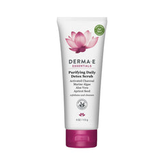Derma E Purifying Daily Detox Scrub with activated charcoal shows impurity-absorbing texture for clearer skin.