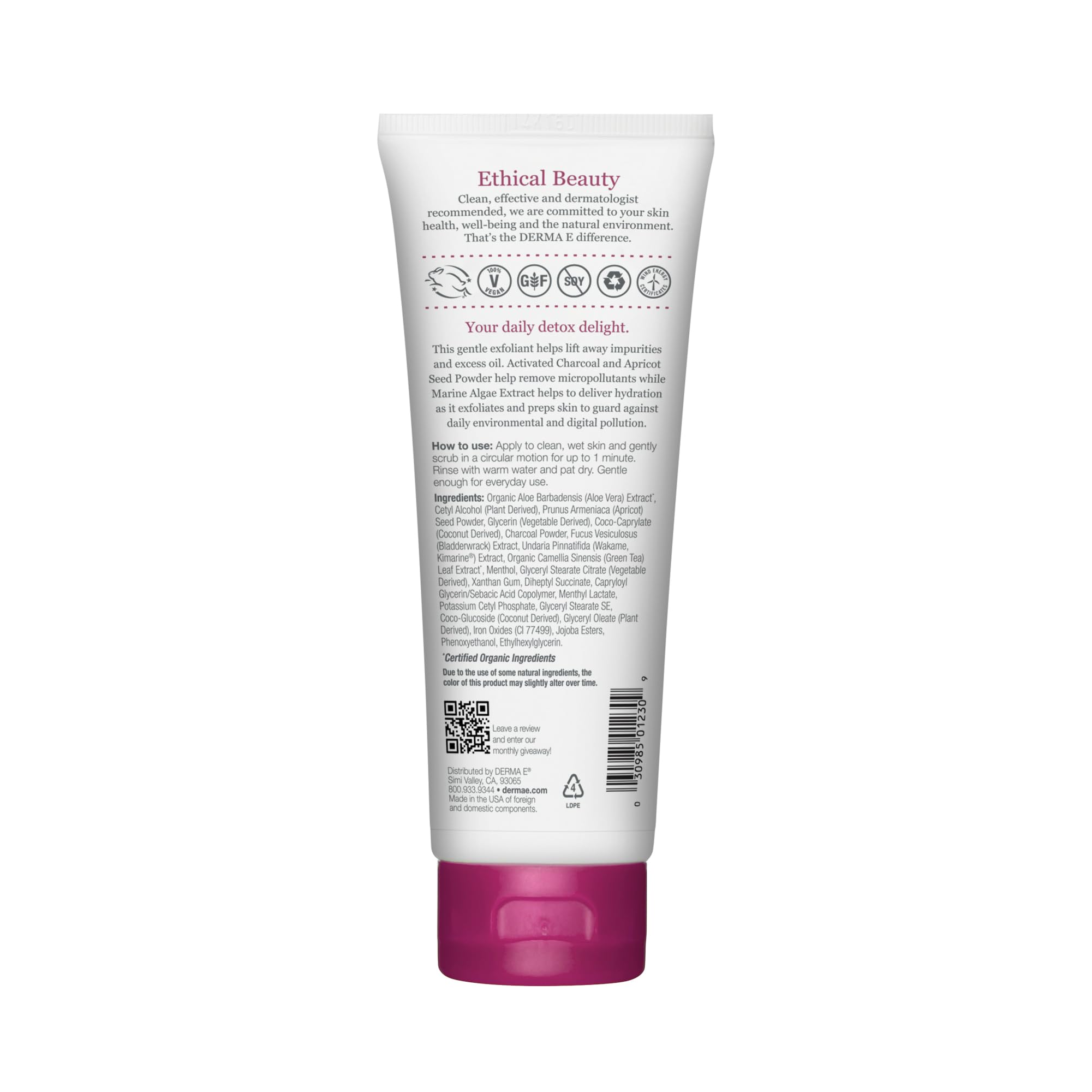 Derma E Purifying Daily Detox Scrub with seaweed extract highlights hydration and pollutant protection.